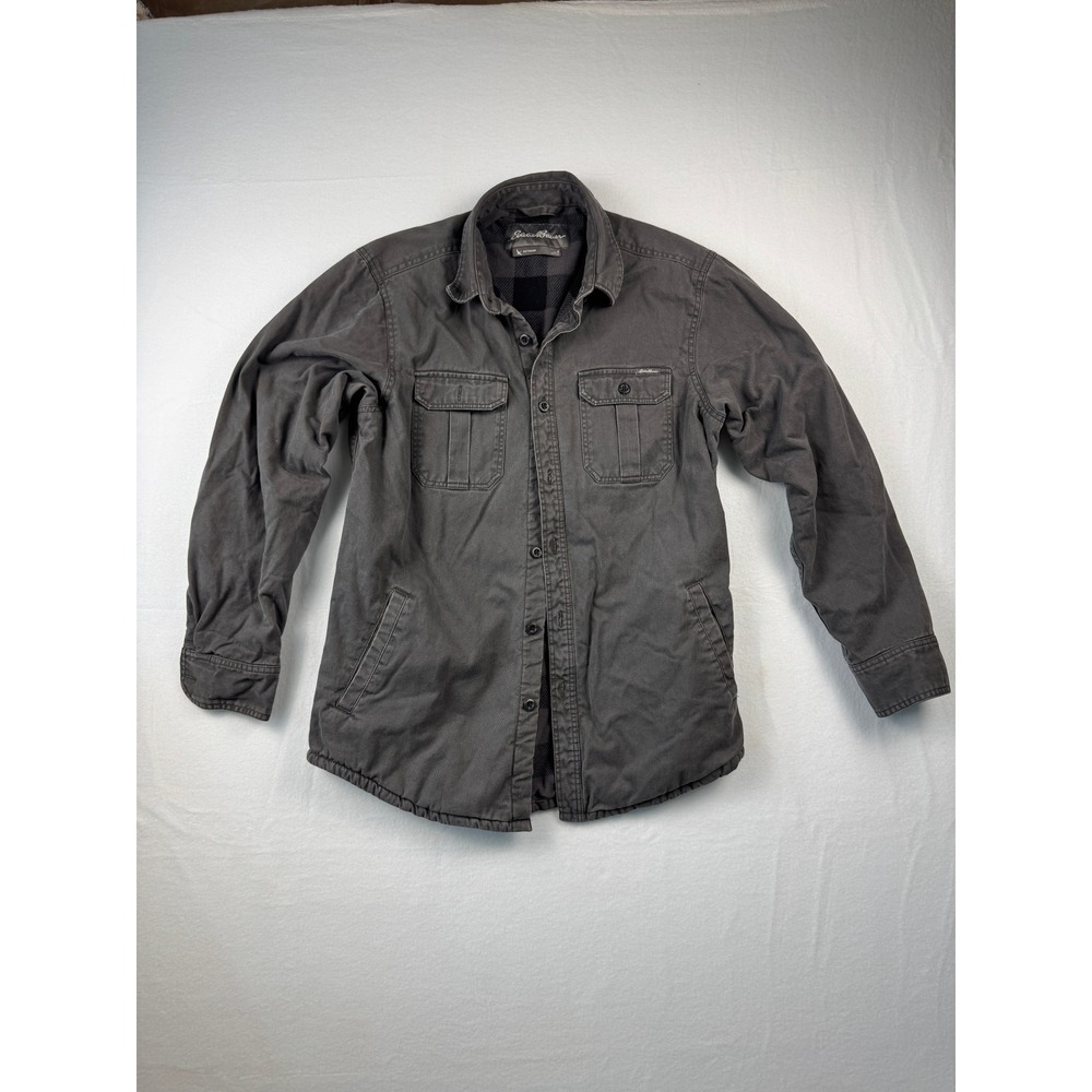 Eddie Bauer Mens Flannel Lined Shirt Jacket Gray Cotton Canvas Fleece‎ Lined L